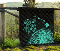 Hawaii Map Plumeria Polynesian Turquoise Premium Quilt - Polynesian Pride