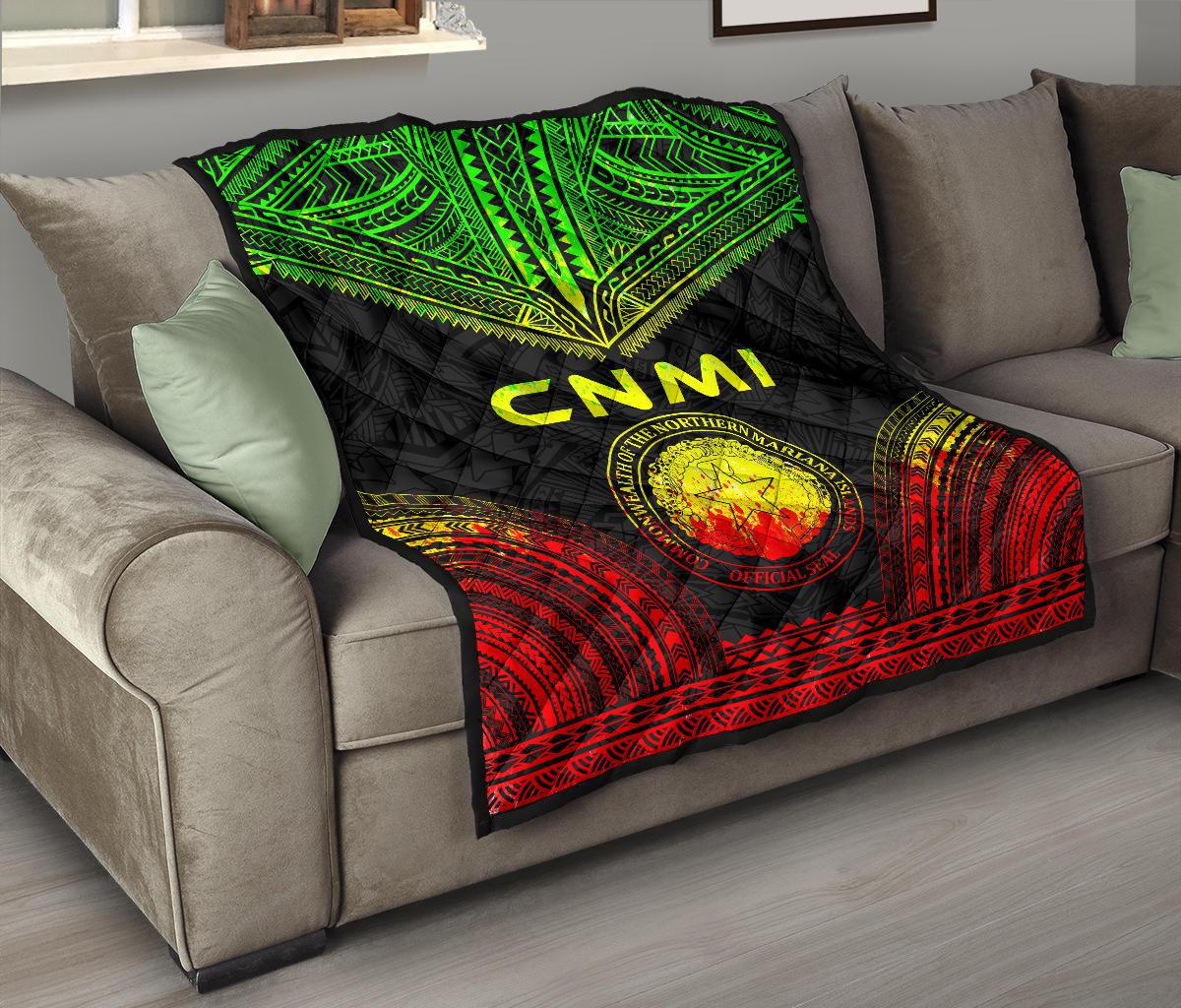 Northern Mariana Islands Premium Quilt - CNMI Seal Polynesian Chief Reggae Version - Polynesian Pride