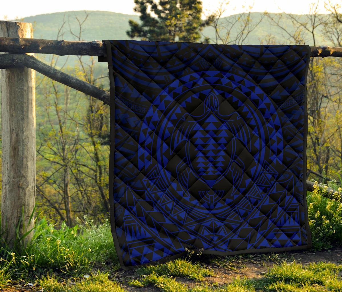 Hawaiian Kakau Honu Arc Blue Polynesian Premium Quilt - Polynesian Pride