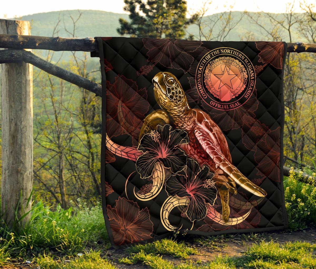 CNMI Polynesian Premium Quilt - Turtle With Blooming Hibiscus Gold - Polynesian Pride