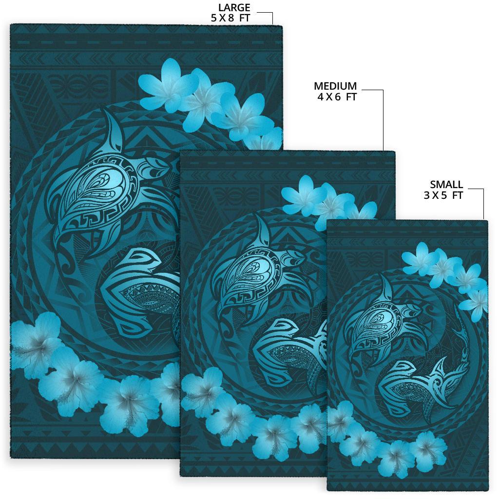 Hawaii Yin Yang Turtle Shark Hibiscus Plumeria Rug - Turquoise - Polynesian Pride