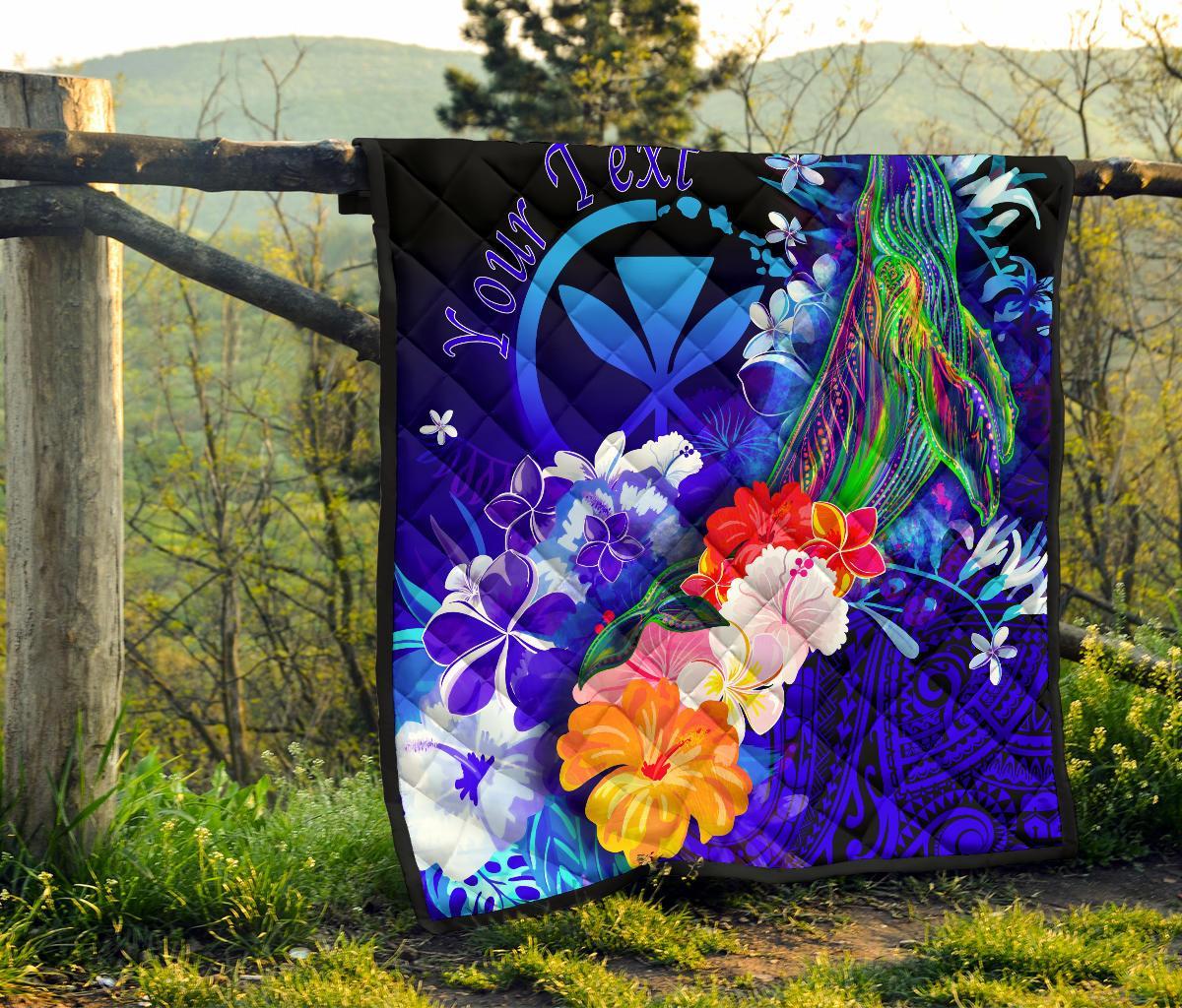 Polynesian Hawaii Custom Personalised Premium Quilt - Kanaka Maoli Humpback Whale with Tropical Flowers (Blue) - Polynesian Pride