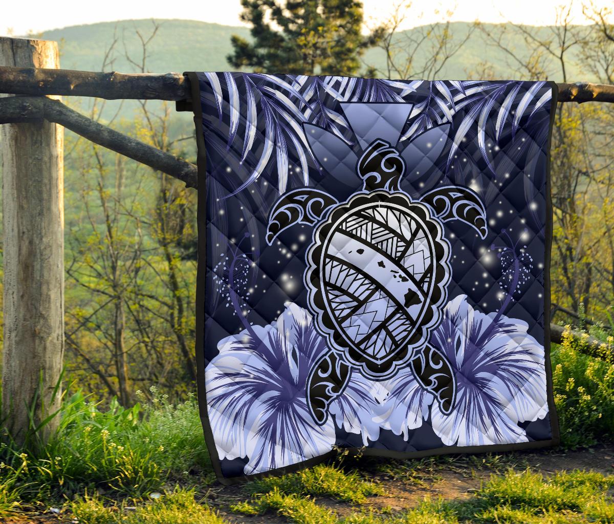 Hawaii Turtle Hibiscus Blue Premium Quilt - Hac Style - AH - Polynesian Pride