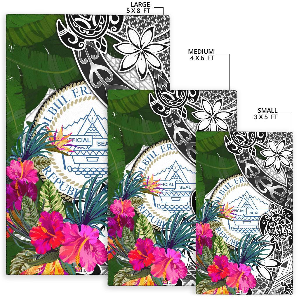 Palau Area Rug White - Turtle Plumeria Banana Leaf Crest - Polynesian Pride