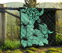 Hawaii Turtle Premium Quilt Polynesian Hibiscus Art Turquoise AH - Polynesian Pride
