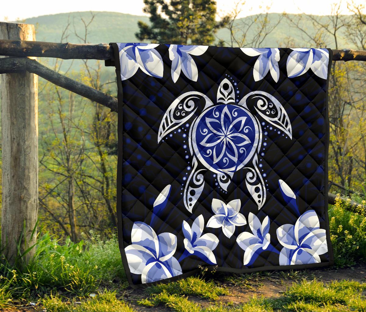 Hawaiian Icon Blue Turtle Plumeria Quilt - Polynesian Pride