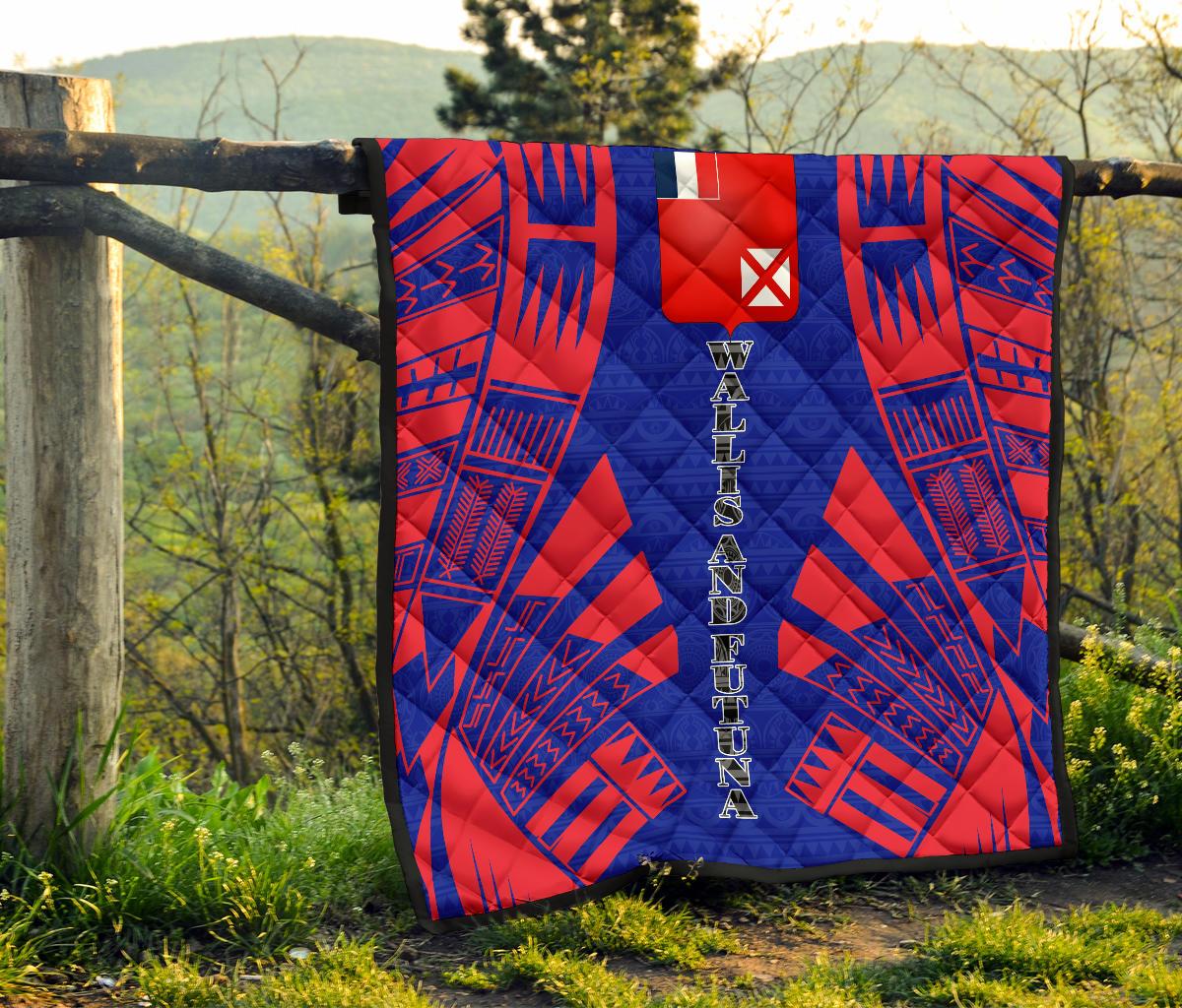 Wallis And Futuna Premium Quilt - Wallis And Futuna Coat Of Arms Polynesian Red Tattoo (Dark Blue) - Polynesian Pride