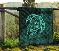 Hawaii Turtle Kanaka Map Hibiscus Poly Premium Quilt - Turquoise - Polynesian Pride