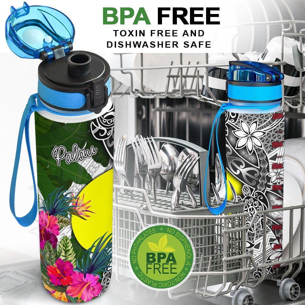 Palau Hydro Tracking Bottle White - Turtle Plumeria Banana Leaf - Polynesian Pride
