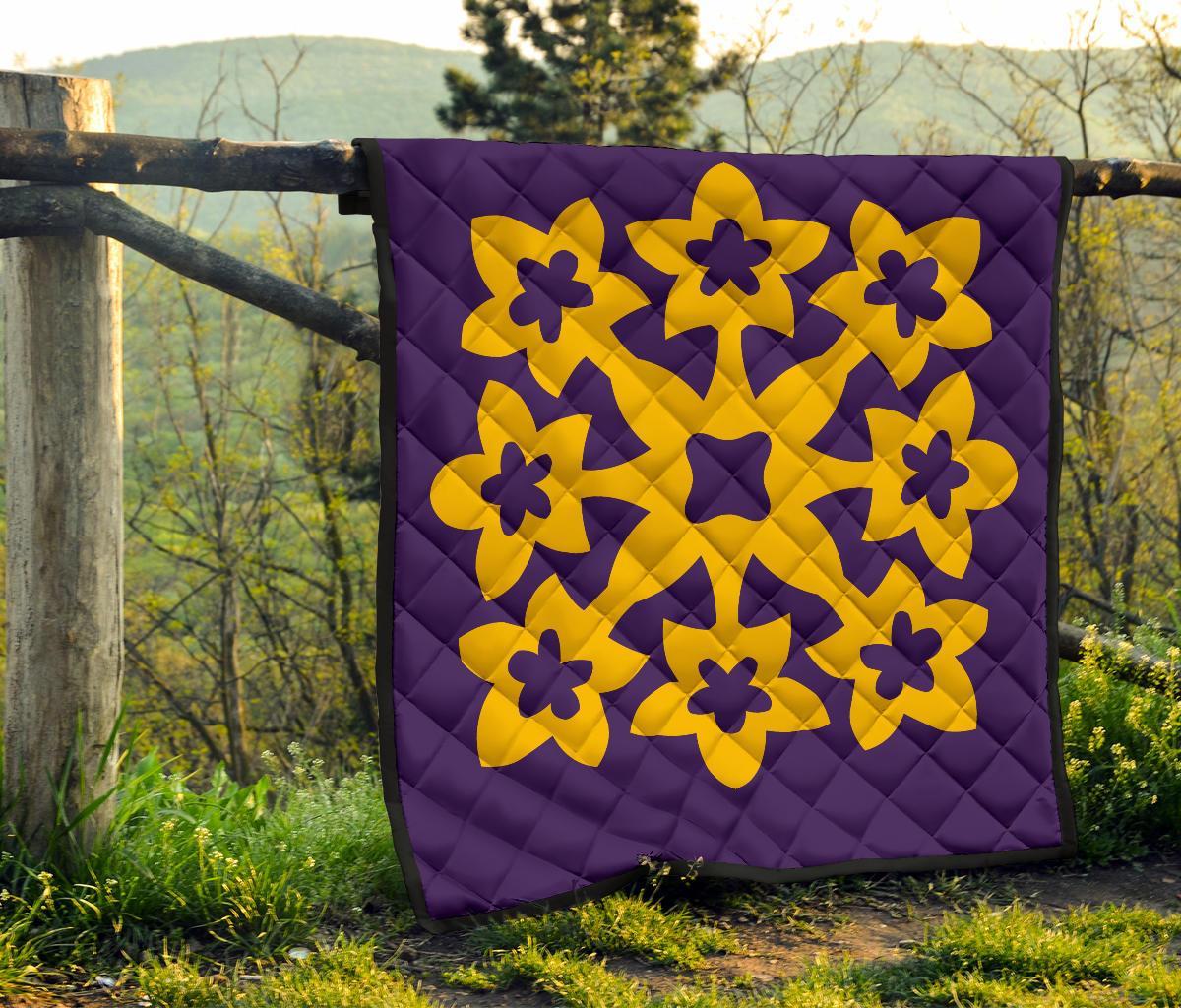 Hawaiian Premium Quilt Royal Pattern - Purple And Gold - A1 Style - Polynesian Pride