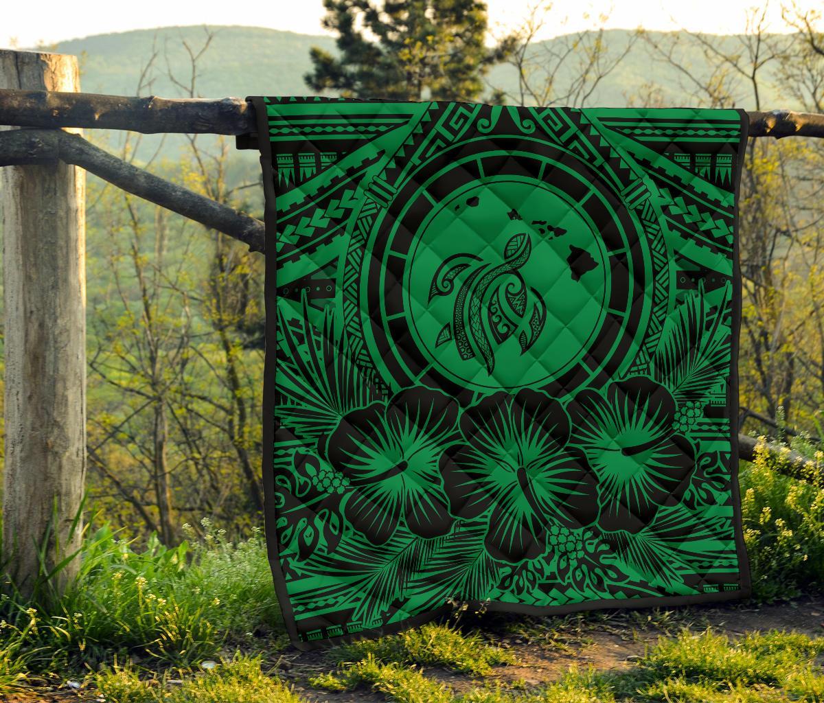 Hawaii Premium Quilt - Hawaii Map Honu Hibiscus Green Polynesian Premium Quilt - Polynesian Pride