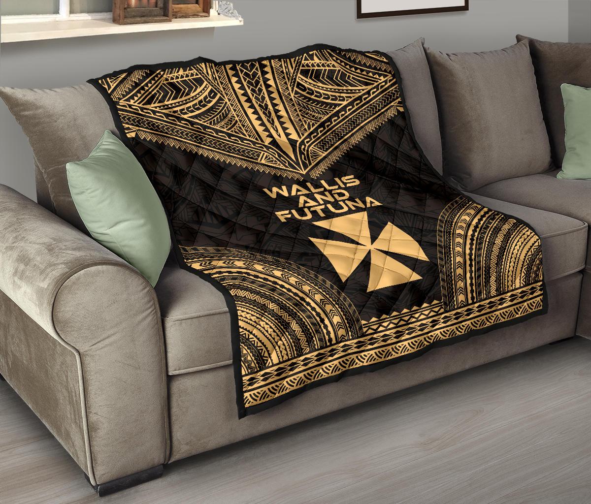 Wallis And Futuna Premium Quilt - Wallis And Futuna Coat Of Arms Polynesian Chief Gold Version - Polynesian Pride
