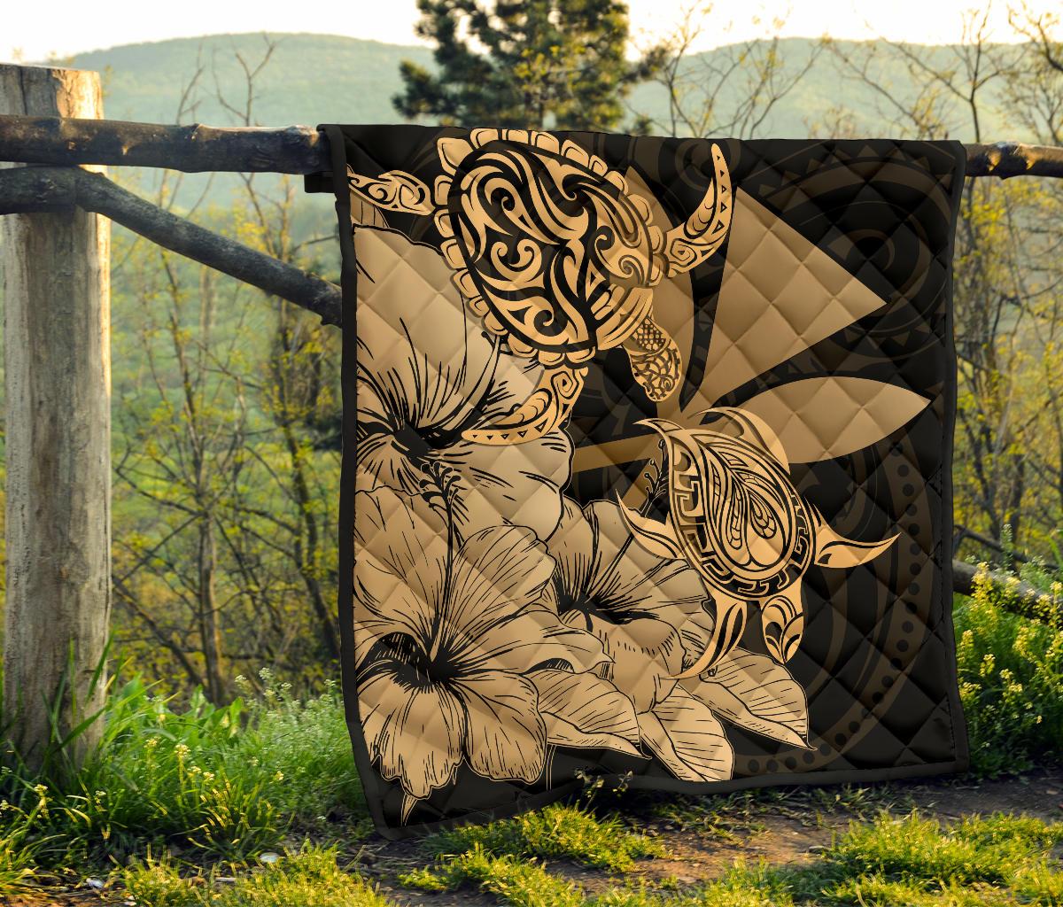 Hawaii Turtle Premium Quilt Polynesian Hibiscus Art Ver 2.0 Gold AH - Polynesian Pride