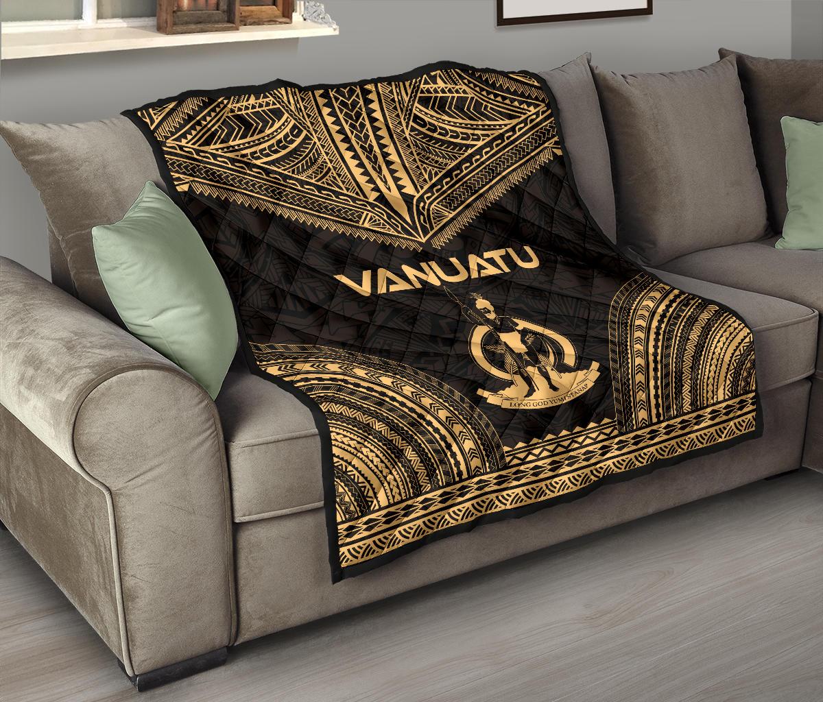 Vanuatu Premium Quilt - Vanuatu Coat Of Arms Polynesian Chief Gold Version - Polynesian Pride