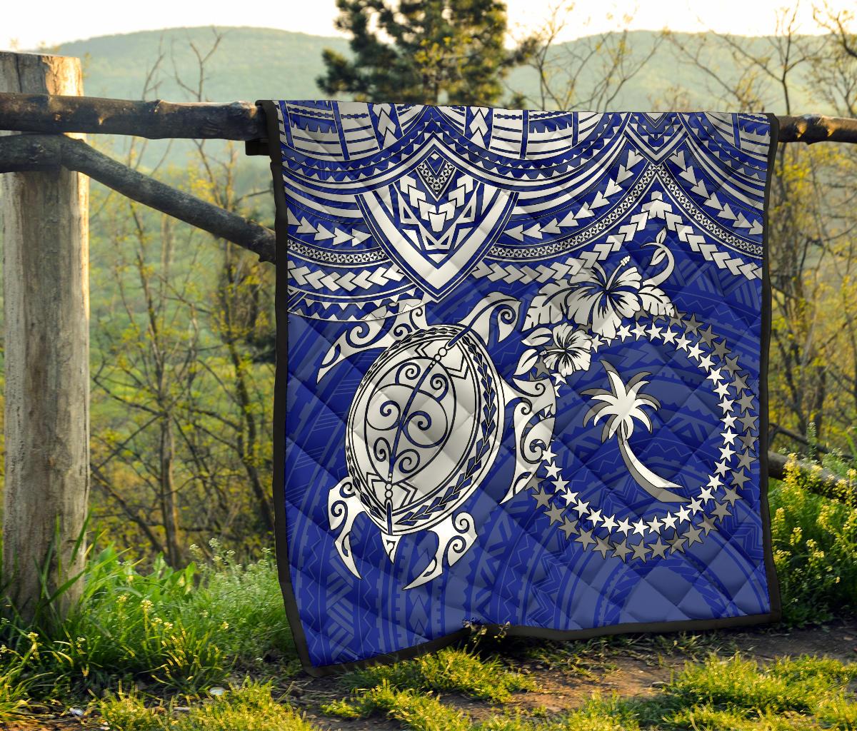 Chuuk Polynesian Premium Quilt - Chuuk Flag & White Turtle Hibiscus (Blue) - Polynesian Pride