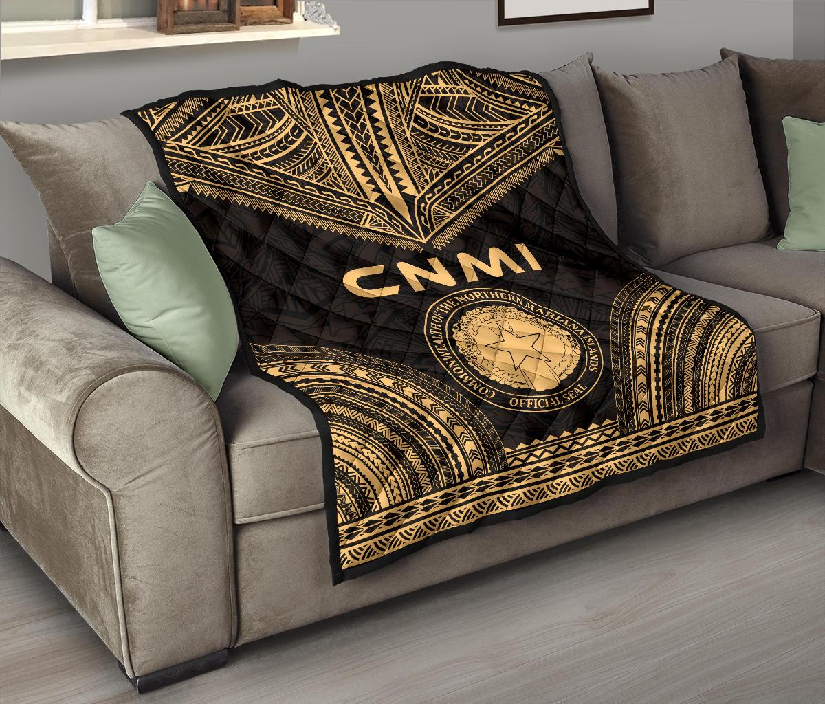 Northern Mariana Islands Premium Quilt - CNMI Seal Polynesian Chief Gold Version - Polynesian Pride