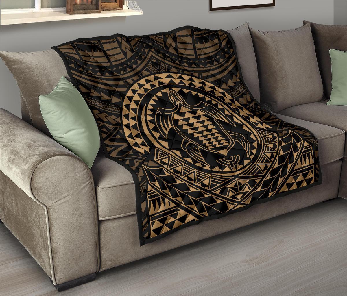 Hawaiian Kakau Honu Arc Gold Polynesian Premium Quilt - Polynesian Pride