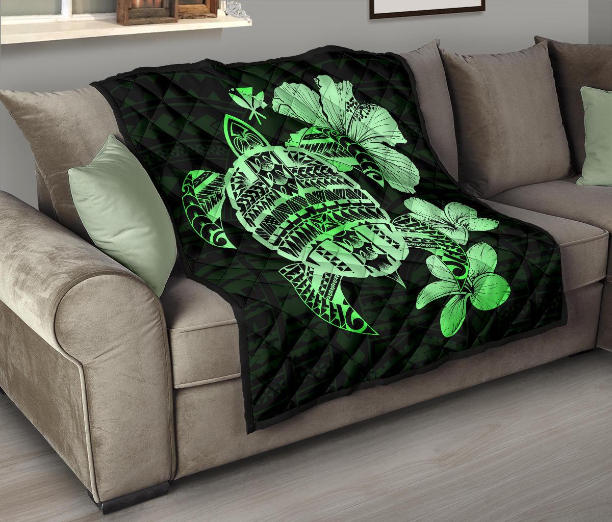 Hawaiian Kanaka Hibiscus Plumeria Mix Polynesian Turtle Premium Quilt Green AH - Polynesian Pride