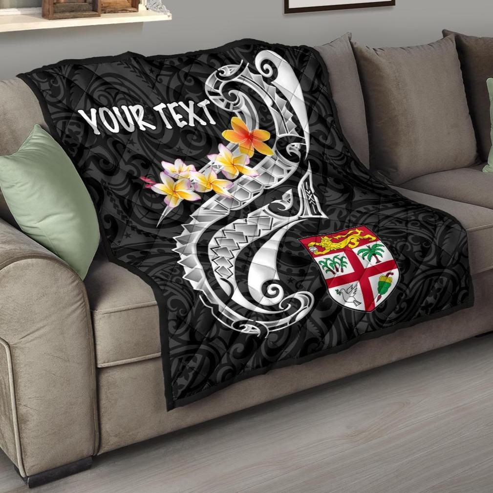 Fiji Custom Personalised Premium Quilt - Fiji Seal Polynesian Patterns Plumeria (Black) Black - Polynesian Pride