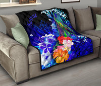 Kosrae Premium Quilt - Humpback Whale with Tropical Flowers (Blue) - Polynesian Pride