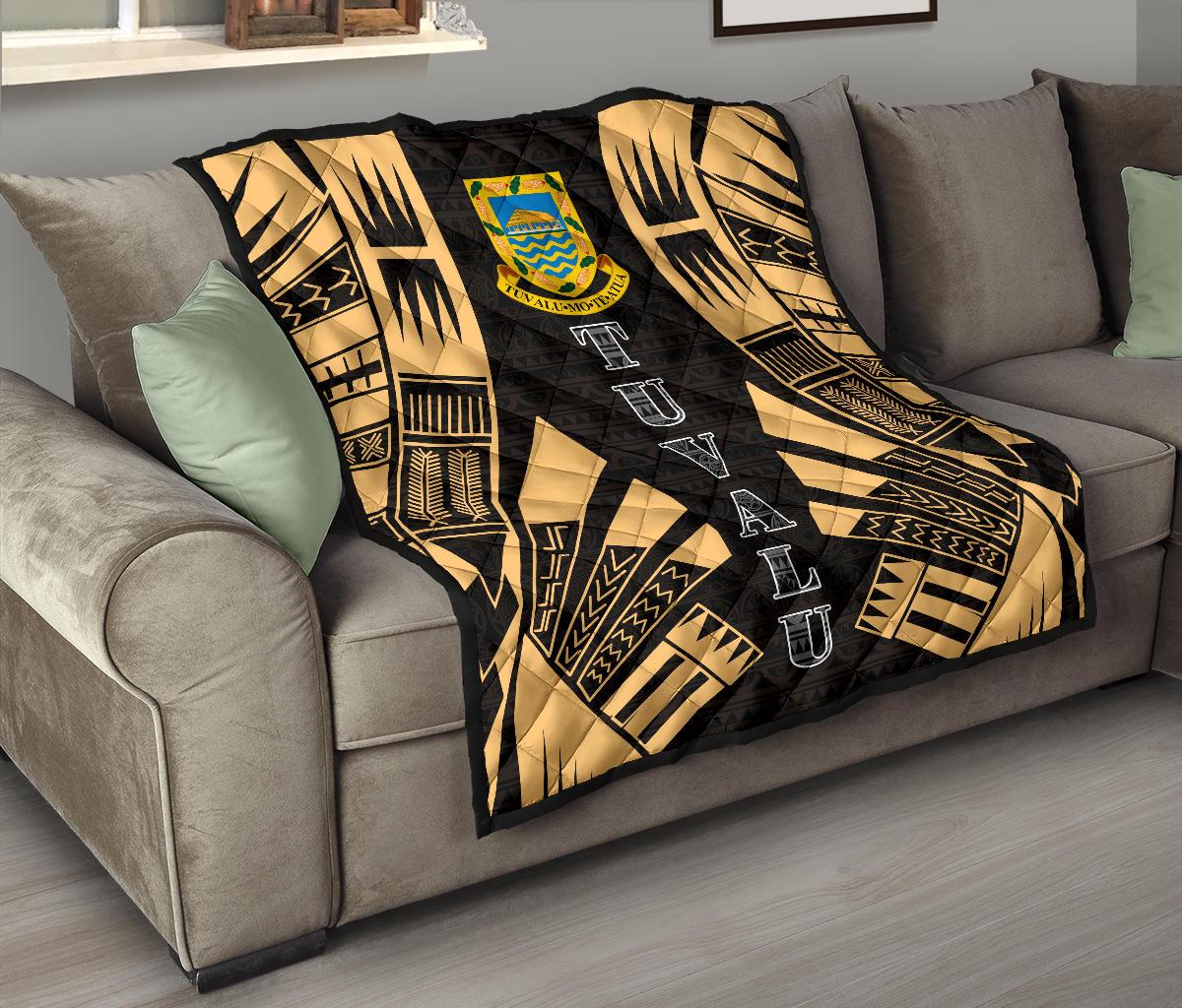 Tuvalu Premium Quilt - Tuvalu Coat Of Arms Polynesian Gold Tattoo - Polynesian Pride