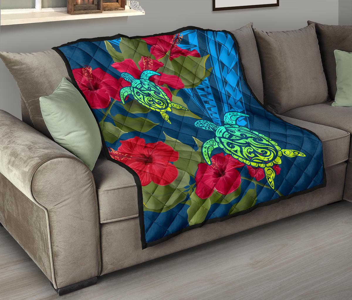 Hawaii Turtle Hibiscus Polynesian Premium Quilt - Bana Style - Polynesian Pride