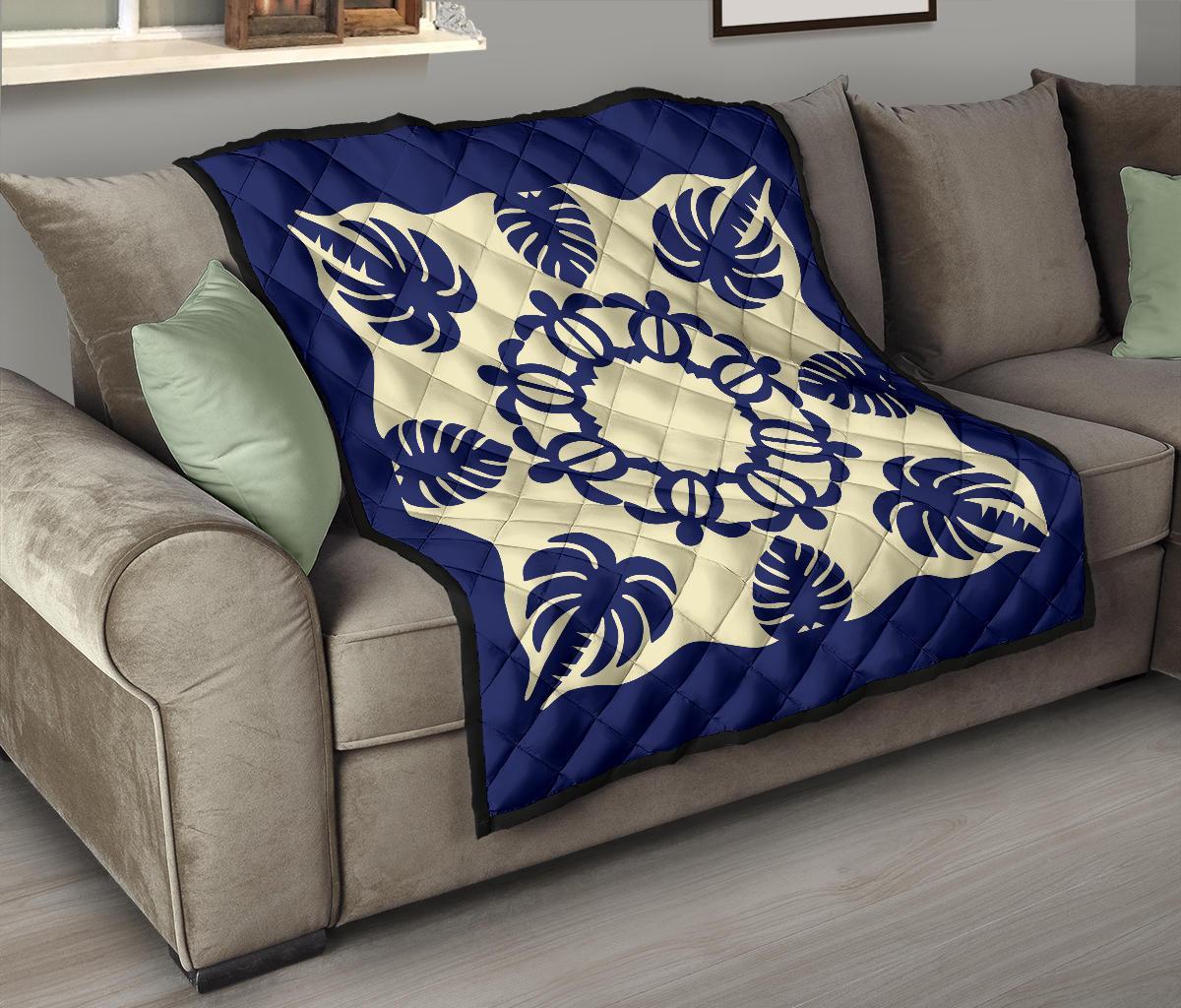 Hawaiian Turtle Coconut Pattern Premium Quilt - Blue - Argu Style - AH - Polynesian Pride