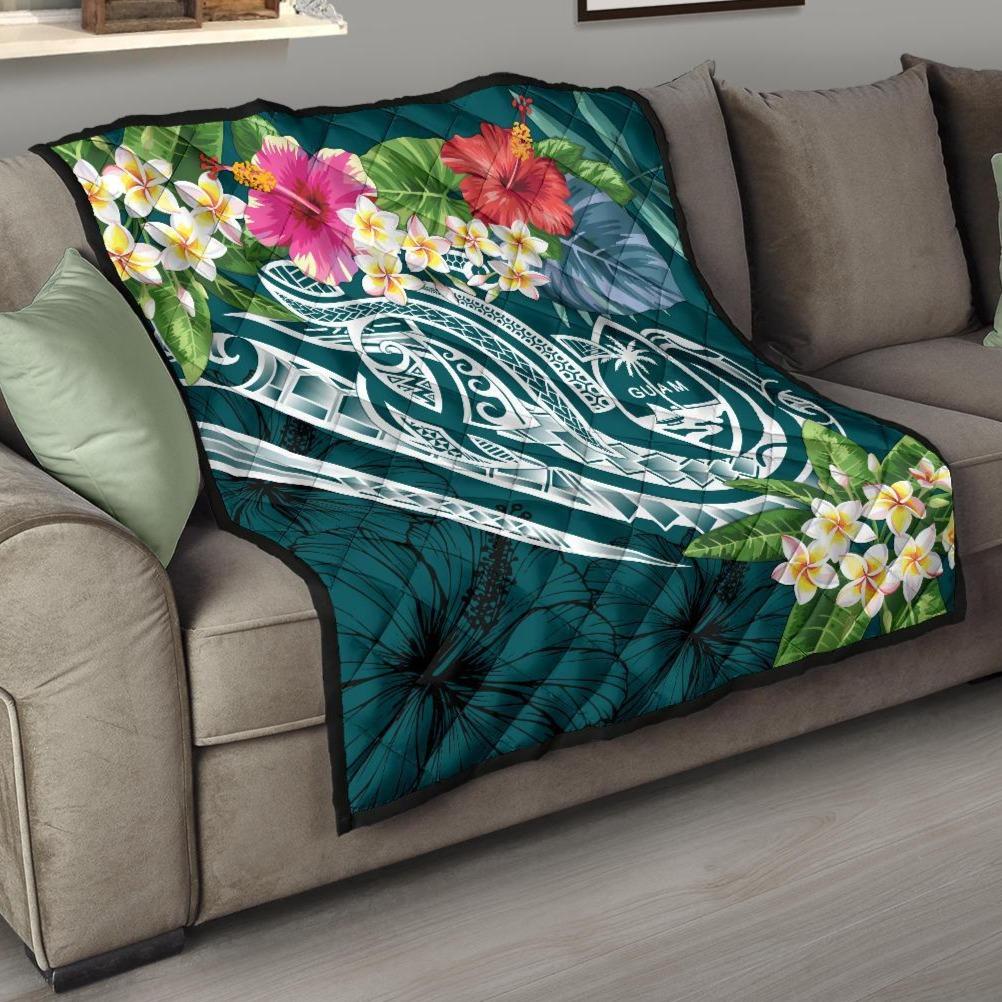 Guam Polynesian Premium Quilt - Summer Plumeria (Turquoise) Turquoise - Polynesian Pride