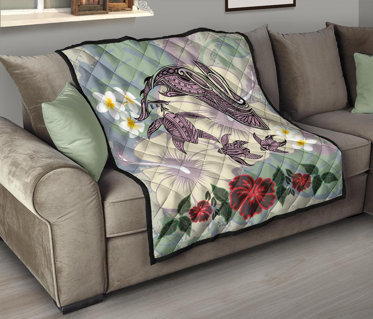 Hawaii Turtle Shark Hibiscus Premium Quilt - Beige - LH Style - Polynesian Pride