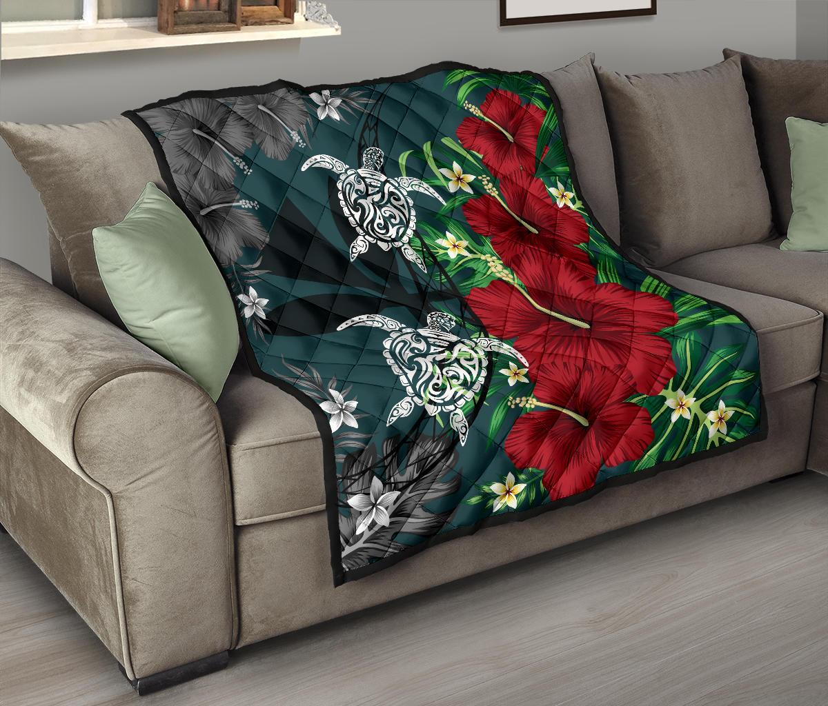 Hawaii Map Turtle Hibiscus Plumeria Polynesian - Premium Quilt AH - Polynesian Pride