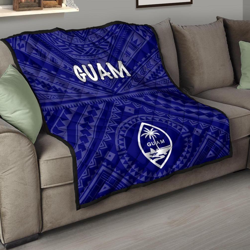 Guam Premium Quilt - Guam Seal With Polynesian Tattoo Style (Blue) Blue - Polynesian Pride