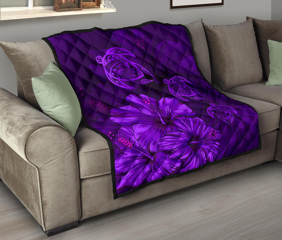 Hawaiian Map Hibiscus Turtle Vintage Polynesian Premium Quilt Purple - Polynesian Pride