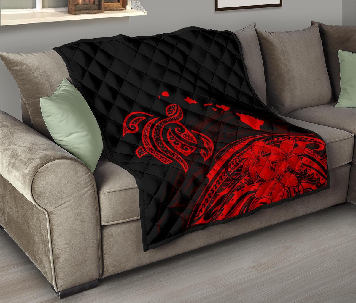 Hawaii Map Plumeria Polynesian Red Premium Quilt - Polynesian Pride