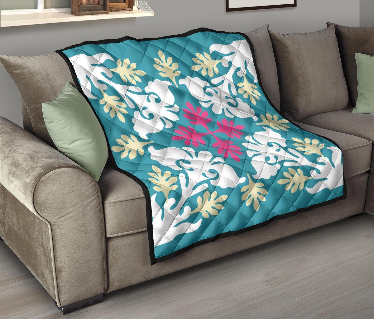 Hawaiian Leaves Tropical Pattern Premium Quilt - Pastel And White - Argu Style - AH - Polynesian Pride