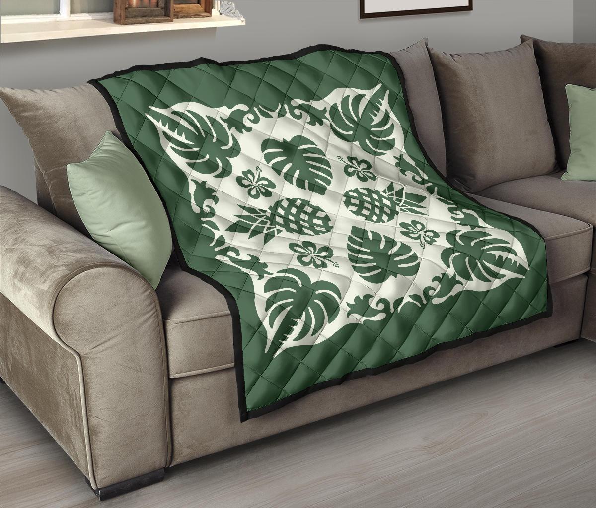 Hawaiian Kalo Coconut Pattern Premium Quilt - Green - Argu Style - AH - Polynesian Pride