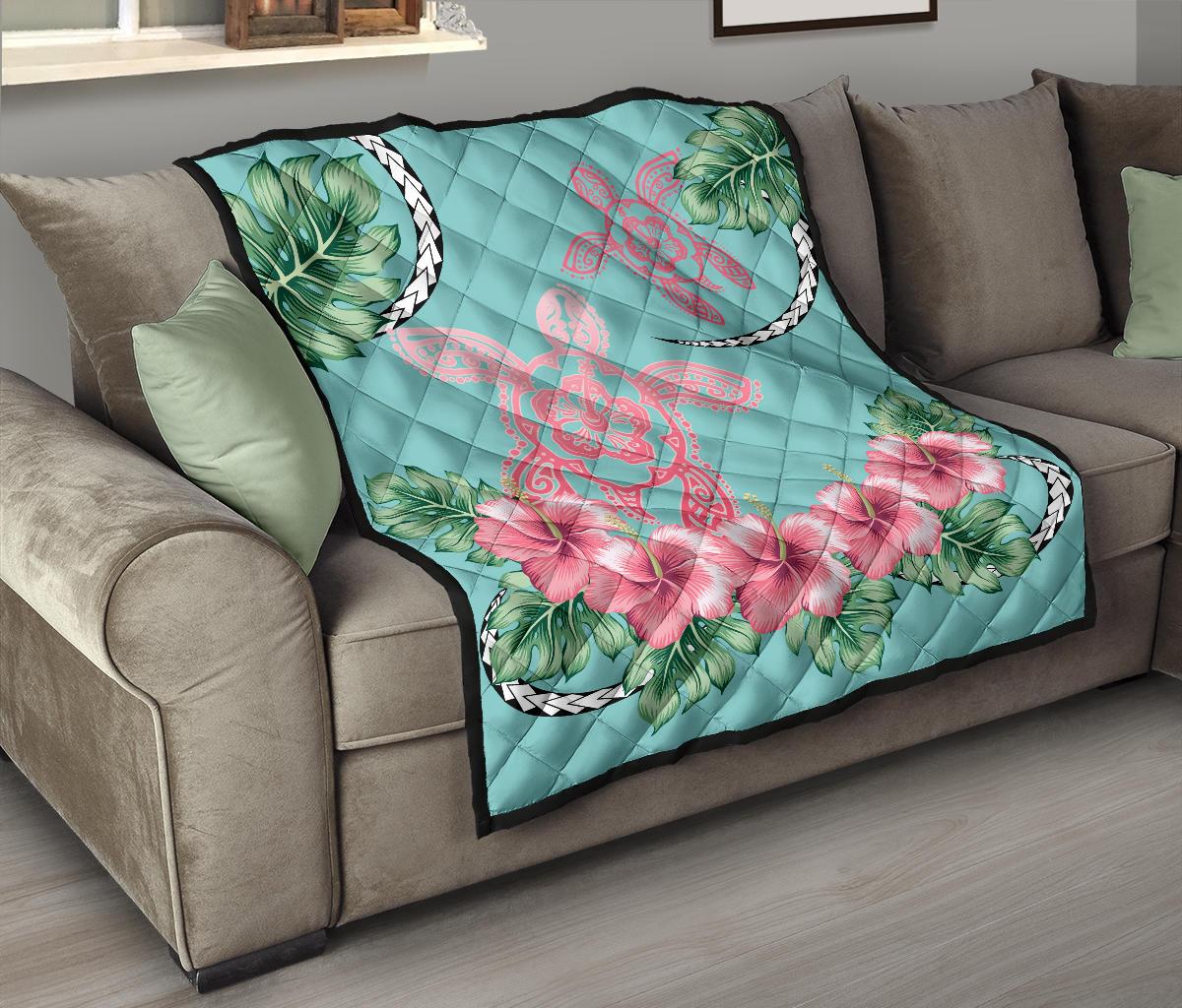 Hawaii Tropical Hibiscus Turtle Mint Style - Premium Quilt AH - Polynesian Pride