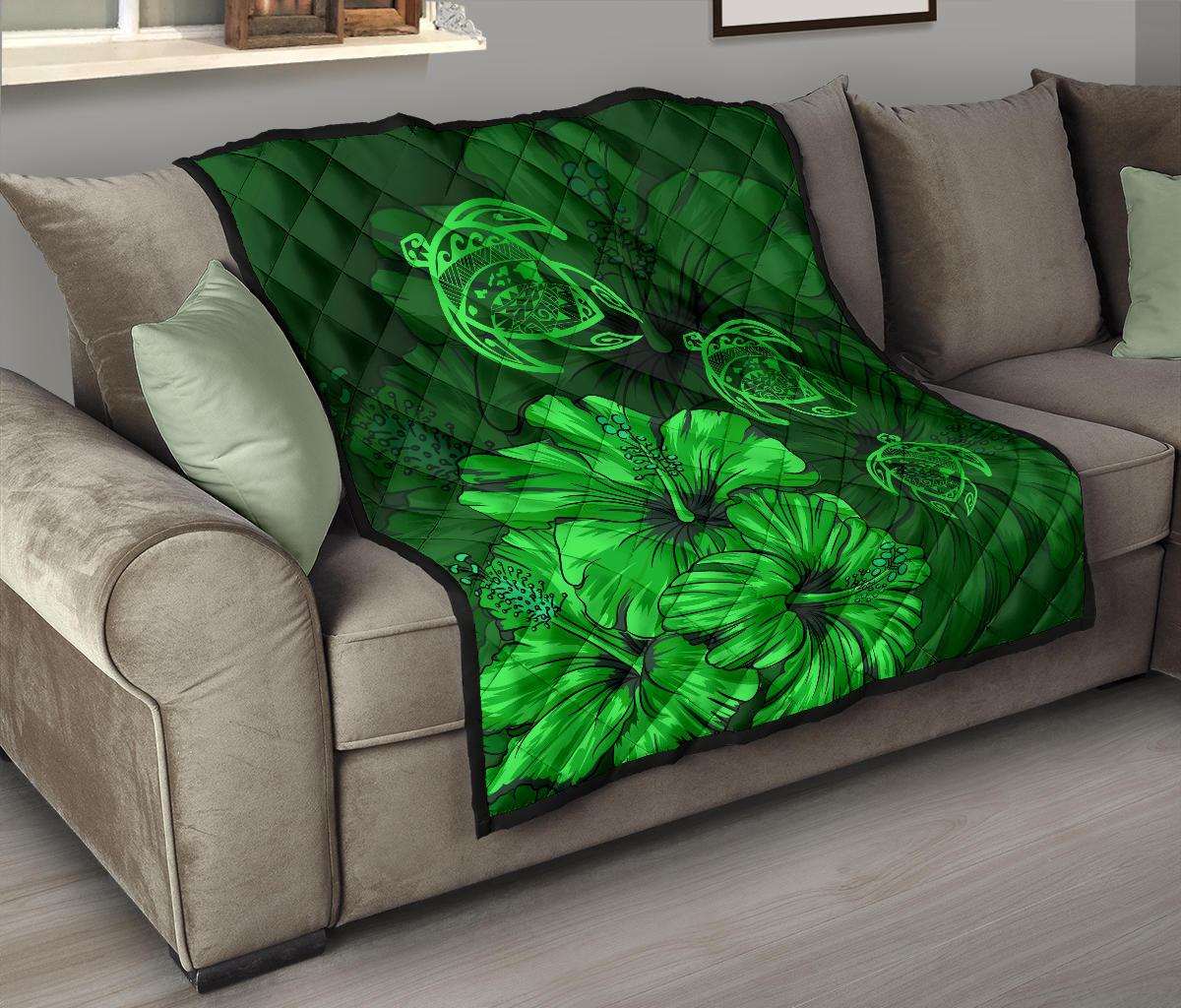 Hawaiian Map Turtle Hibiscus Vintage Polynesian Premium Quilt Green - Polynesian Pride