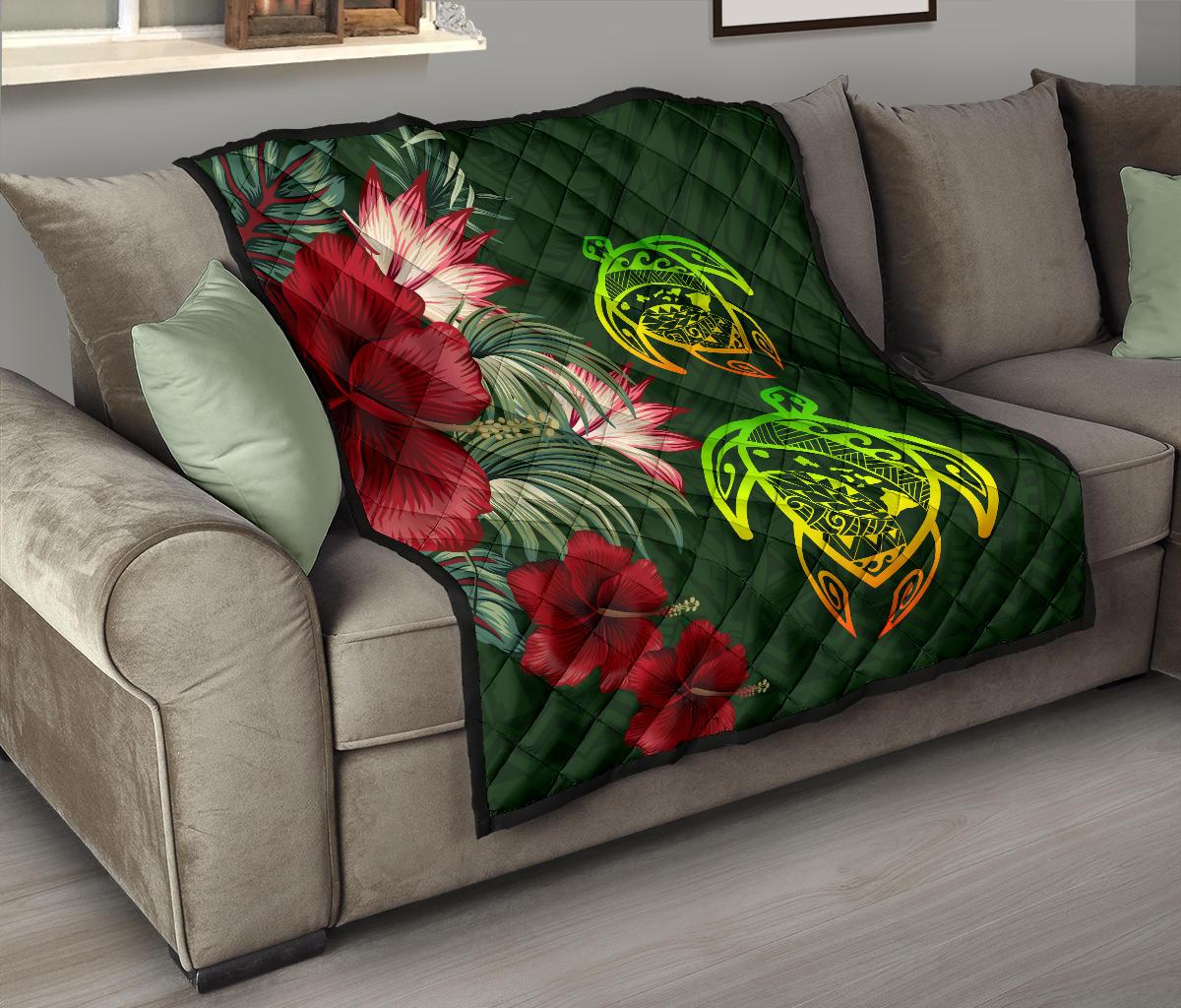 Hawaii Premium Quilt - Turtle Hibiscus Pattern Hawaiian Premium Quilt - Green - Polynesian Pride