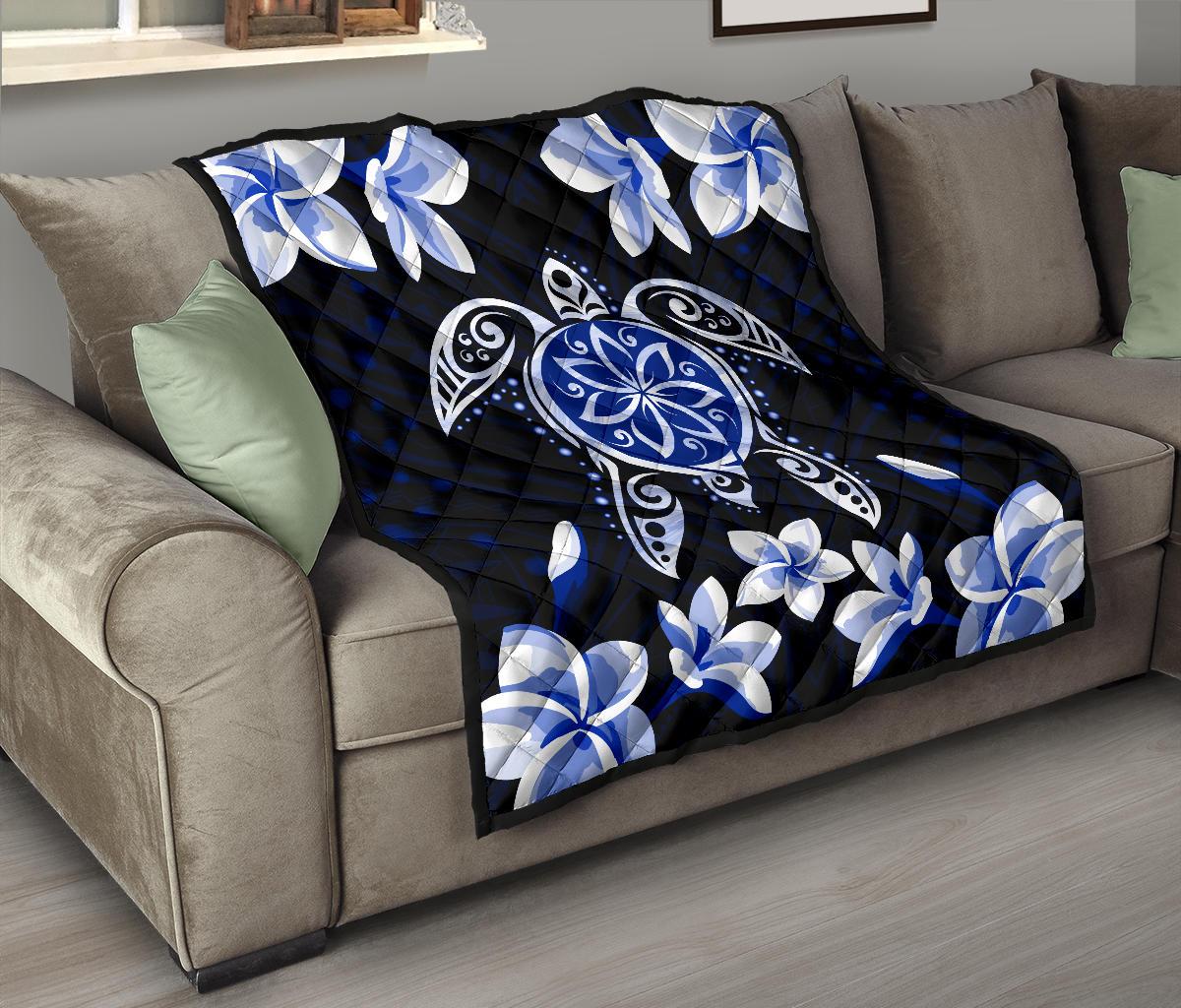 Hawaiian Icon Blue Turtle Plumeria Quilt - Polynesian Pride