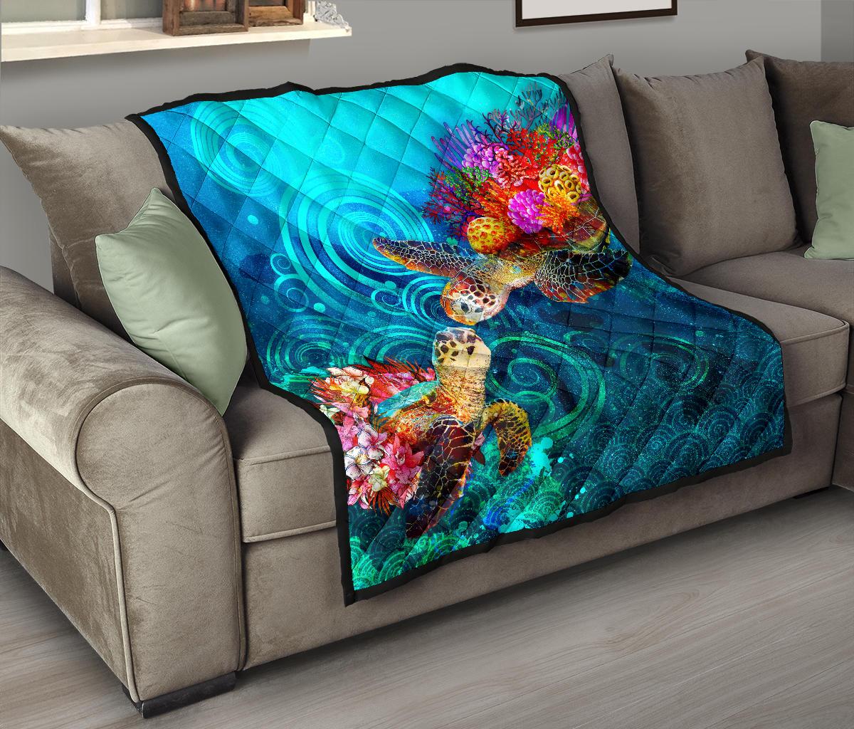 Hawaii Polynesian Premium Quilt - Sea Turtle Coral Treasure - Polynesian Pride