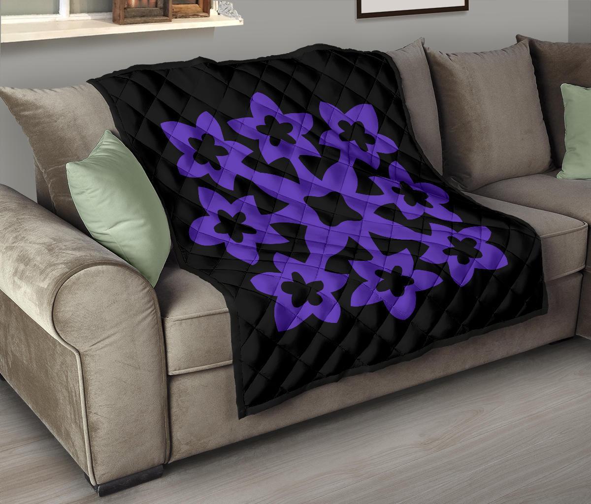 Hawaiian Premium Quilt Royal Pattern - Black And Purple - A1 Style - Polynesian Pride