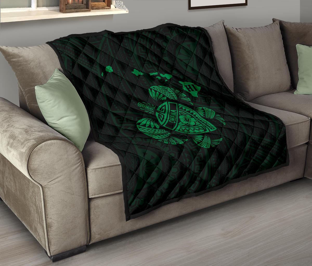 Hawaii Turtle Hibicus Map Premium Quilt - Green - Polynesian Pride