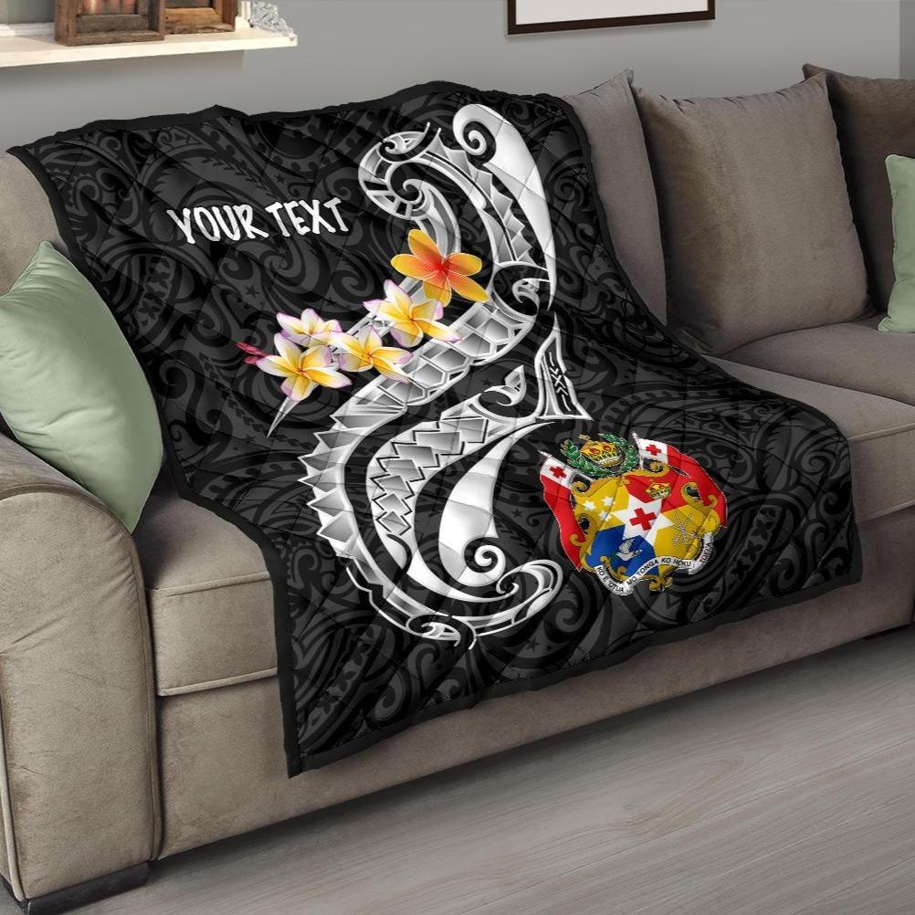 Tonga Custom Personalised Premium Quilt - Tonga Seal Polynesian Patterns Plumeria (Black) Black - Polynesian Pride