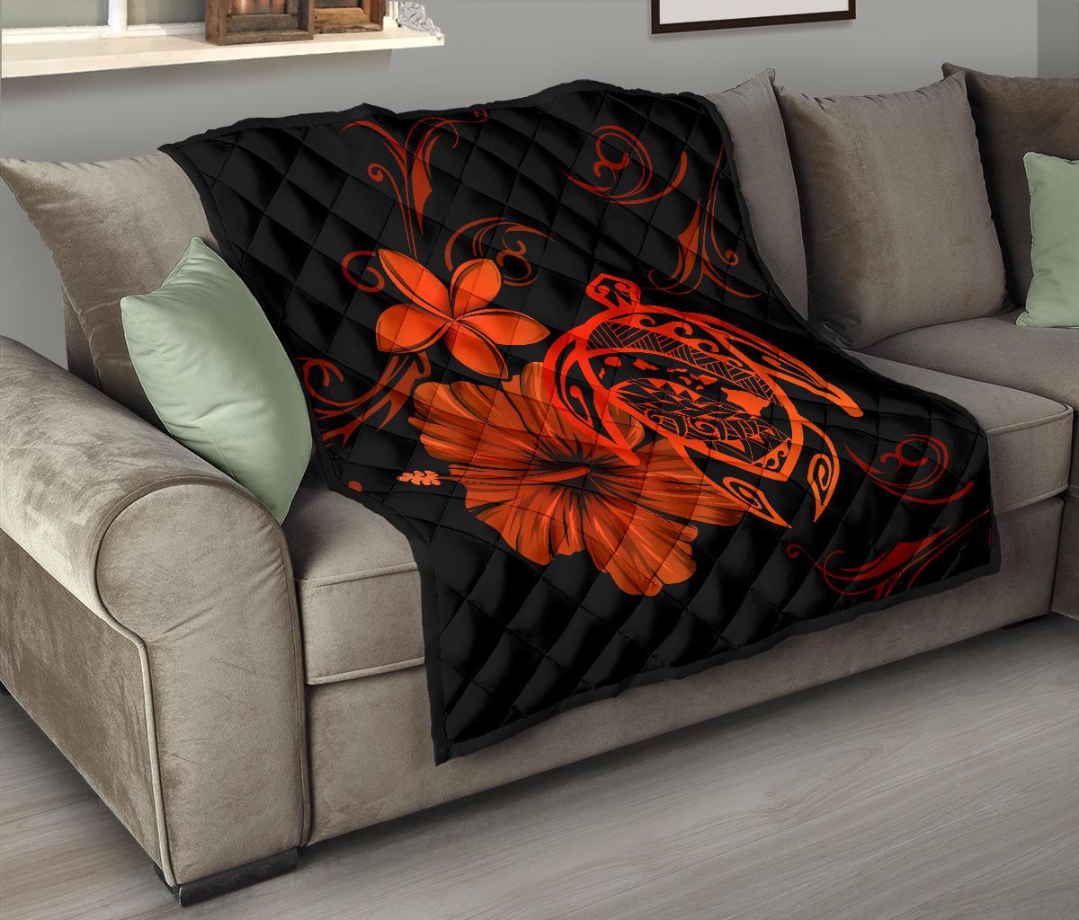Hawaii Turtle Hibiscus Premium Quilt Orange - Polynesian Pride