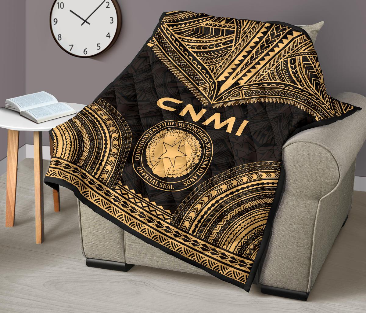 Northern Mariana Islands Premium Quilt - CNMI Seal Polynesian Chief Gold Version - Polynesian Pride