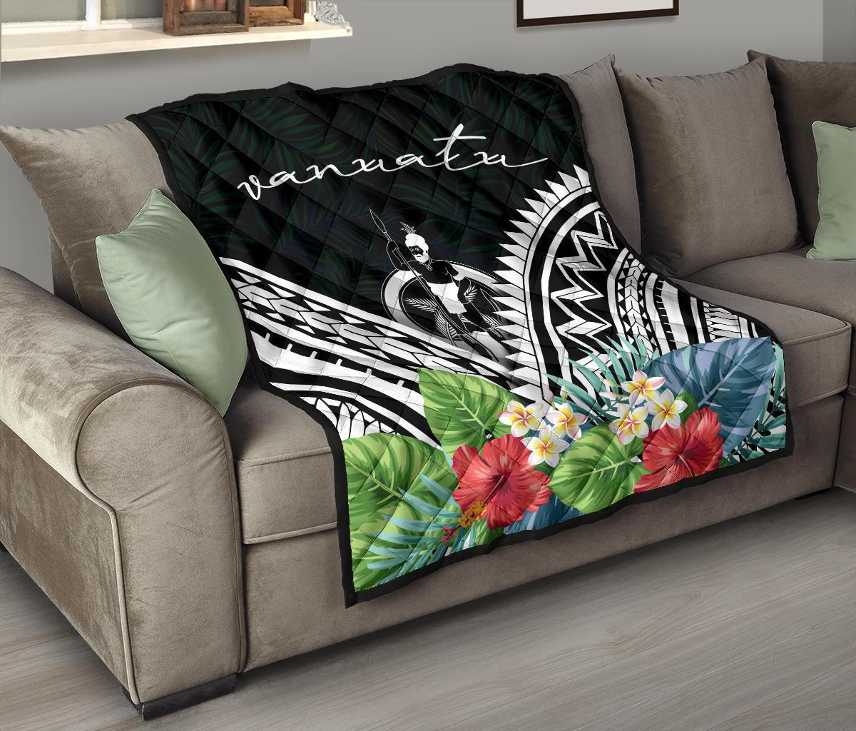 Vanuatu Premium Quilt - Vanuatu Coat of Arms & Polynesian Tropical Flowers White - Polynesian Pride