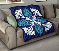 Hawaiian Leaves Tropical Pattern Premium Quilt - Blue - Argu Style - AH - Polynesian Pride