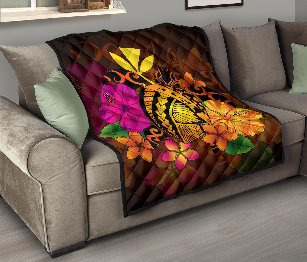 Hawaii Turtle Tribal Map Hibiscus Plumeria Premium Quilt - Polynesian Pride