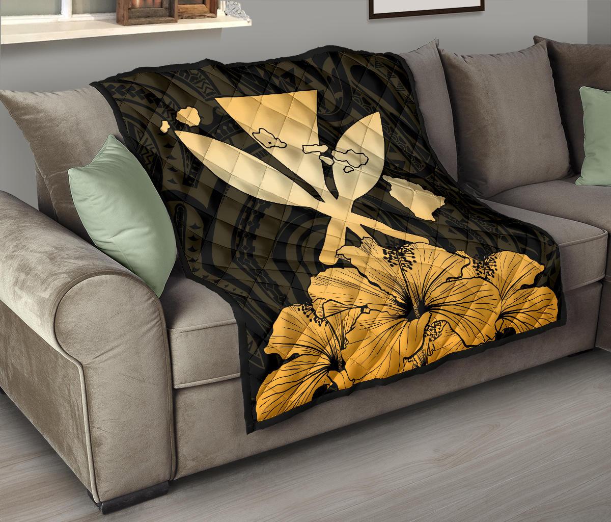 Hawaiian Kanaka Premium Quilt Hibiscus Polynesian Love Gold - Polynesian Pride