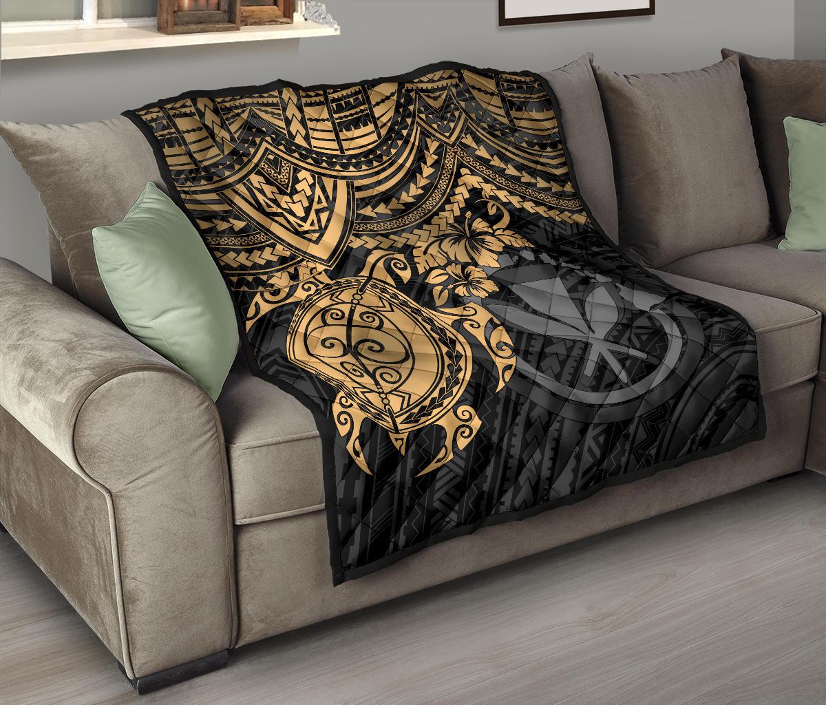 Hawaii Polynesian Premium Quilt - Kanaka Maoli & Gold Turtle Hibiscus - Polynesian Pride
